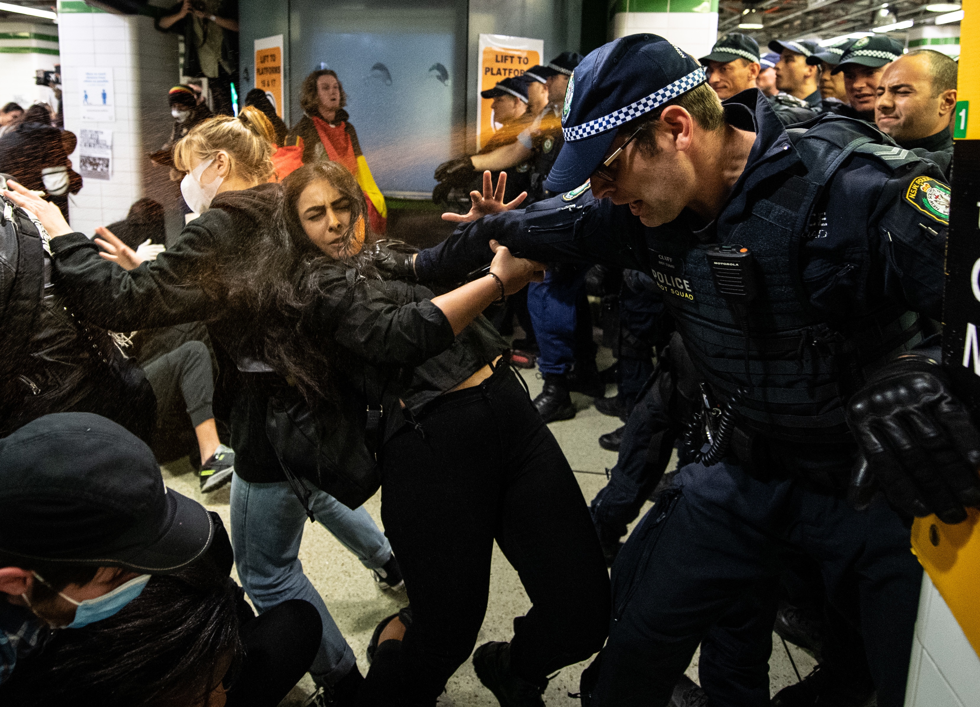 Police spray protesters with pepper spray inside Sydney's Central Station after the rally. Police spray protesters with pepper spray inside Central Station after a Black Lives Matter rally in Sydney.