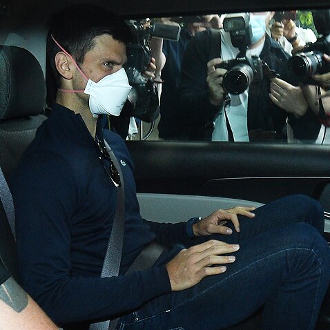 Serbian tennis player Novak Djokovic departs from the Park Hotel 