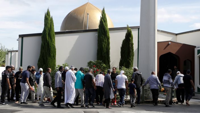 Worshippers prepare to enter the Al Noor mosque following in March, following the deadly attack.