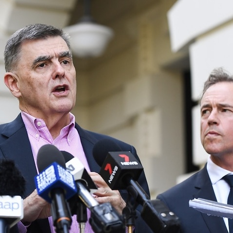 Chief Medical Officer Brendan Murphy (left) speaks to the media while Federal Minister for Health Greg Hunt looks on