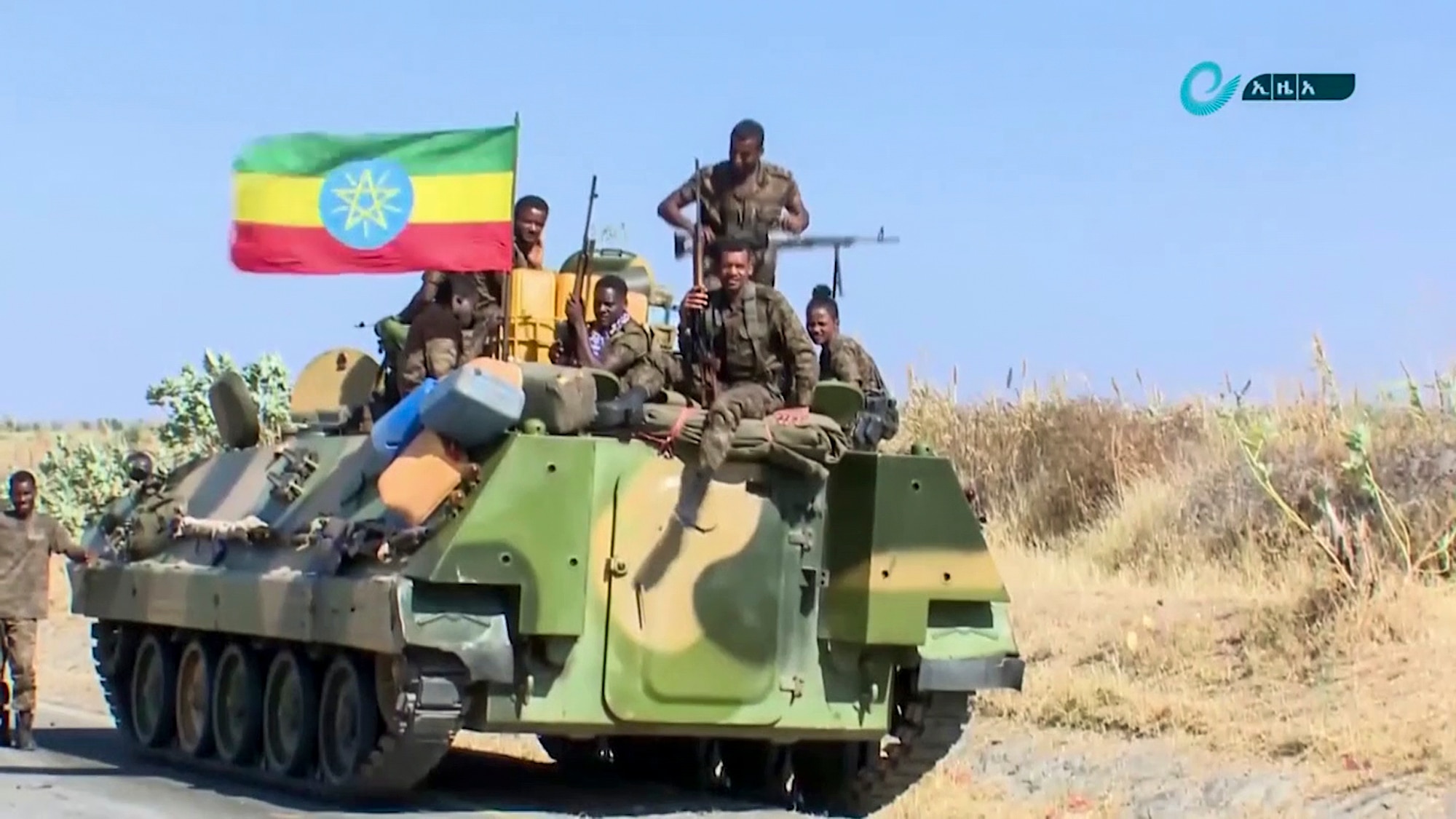 A video released by the state-owned Ethiopian News Agency shows Ethiopian military sitting on an armoured personnel carrier next to a national flag