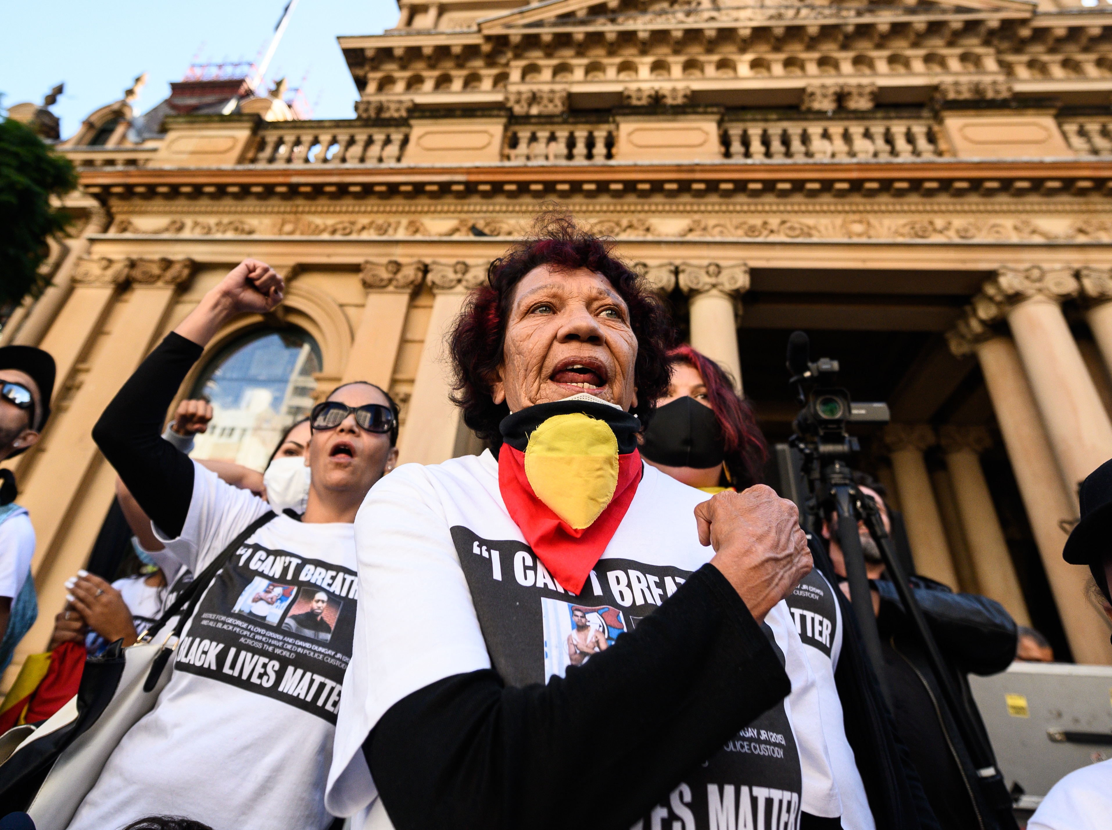 Leetona Dungay, whose son David Dungay Jr died in Long Bay jail in 2015, moments after the NSW Court of Appeal authorised the rally. Leetona Dungay participating in a Black Lives Matter rally in Sydney, Saturday, June 6, 2020. A protest against the deaths of Aboriginal people in custody and solidarity with the US protests for George Floyd. (AAP Image/James Gourley) NO ARCHIVING