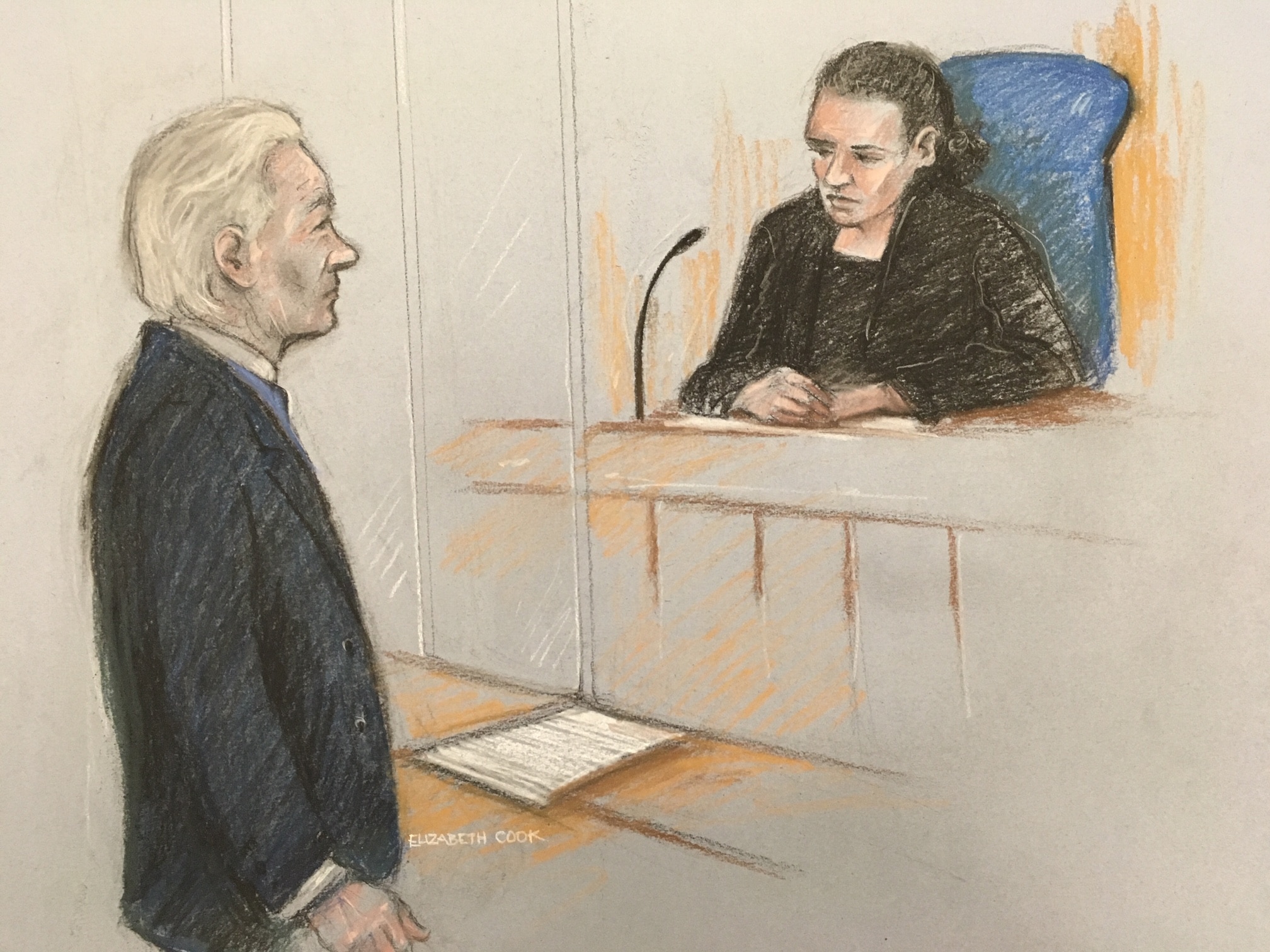 Court artist sketch of Julian Assange at Westminster Magistrates' Court in London
