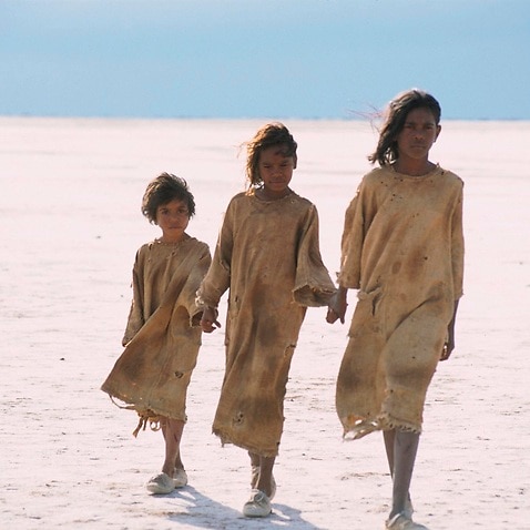 Actors Tianna Sansbury as Daisy Laura Monaghan as Gracie and Everlyn Sampi as Molly in a still from the Australian movie 'Rabbit Proof Fence'.