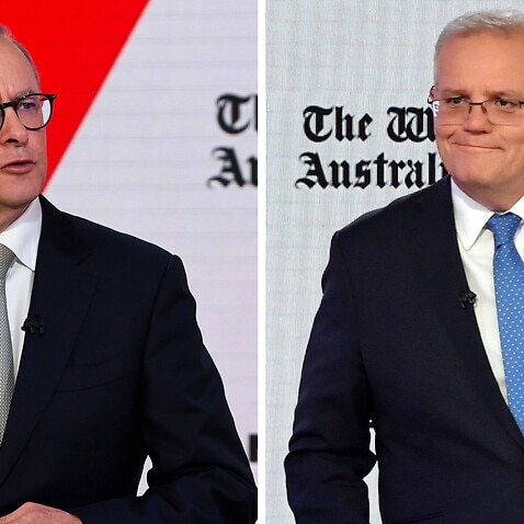 A comparison diptych shows (left) Australian Opposition Leader Anthony Albanese and (right) Australian Prime Minister Scott Morrison during the third leaders' debate at Seven Network Studios