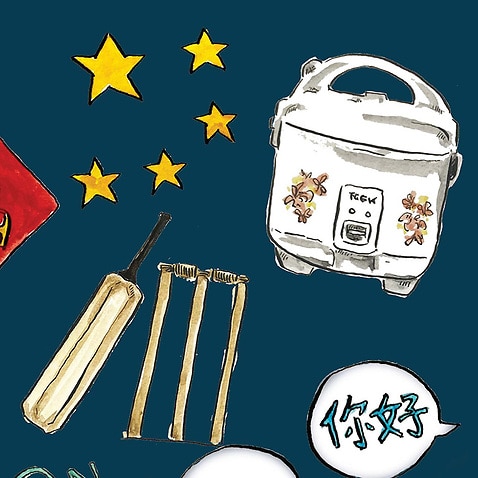 Variety of icons representing Chinese Australian culture, including glass, southern cross starts, sausage sizzle, keyboard, cricket, a rice cooker, for SBS podcast Chinese-ish
