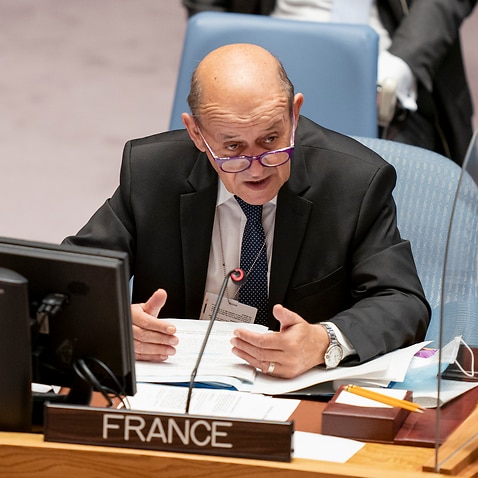 Jean-Yves Le Drian, foreign minister of France, during a meeting of the United Nations Security Council, Thursday, Sept. 23, 2021, during the 76th Session of the U.N. General Assembly in New York. (AP Photo/John Minchillo, Pool)