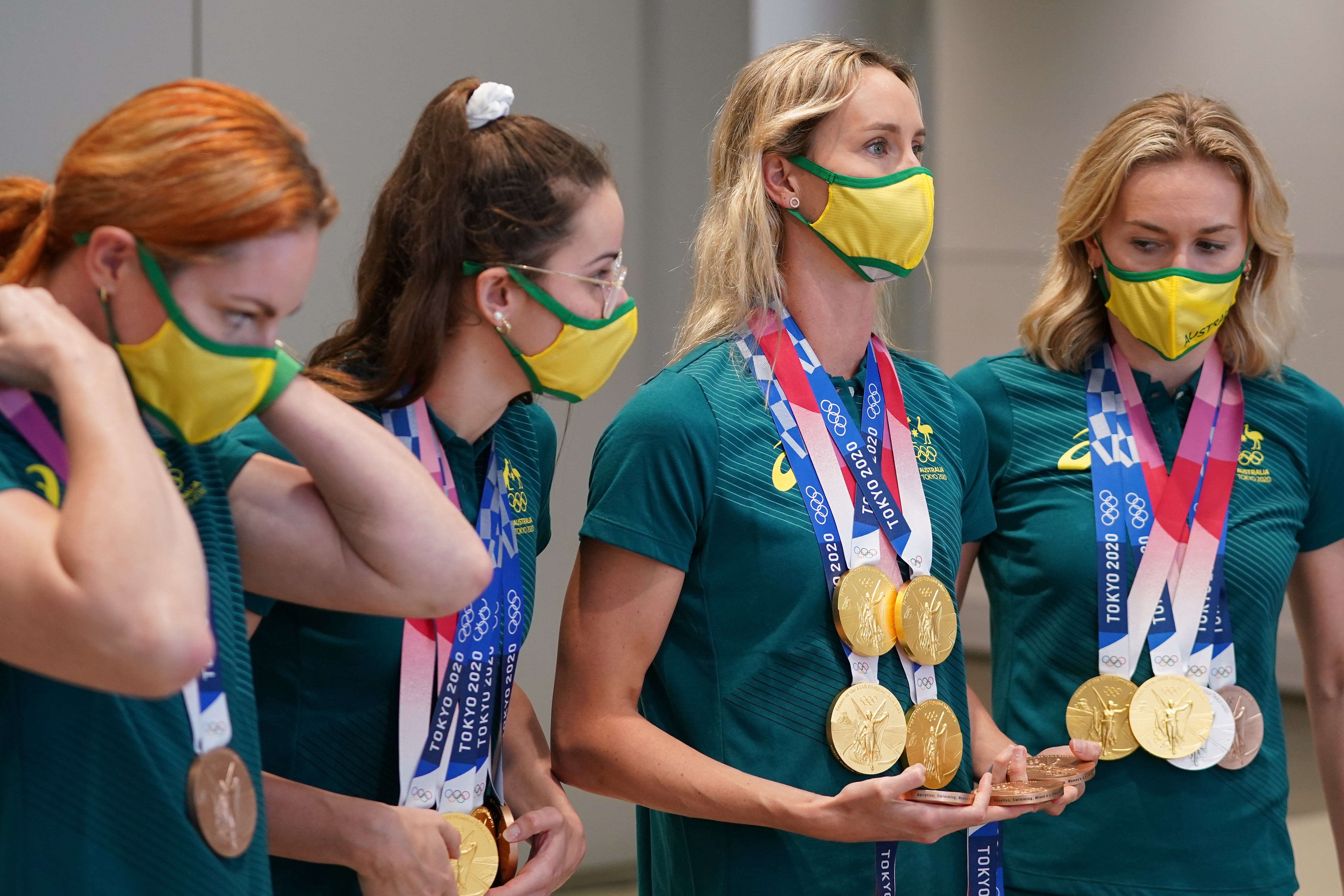 Four time Tokyo 2020 Gold medalist Emma McKeon (2nd from right) with her fellow medalists.