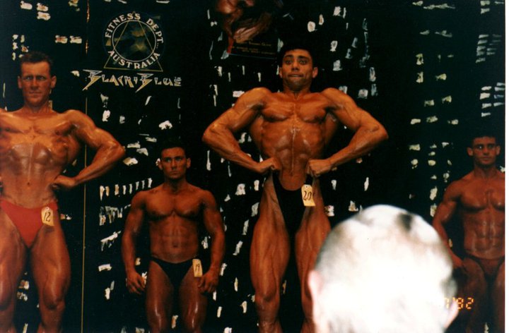 Surjit Singh Pangly performing at a bodybuiding championship during 1990s.