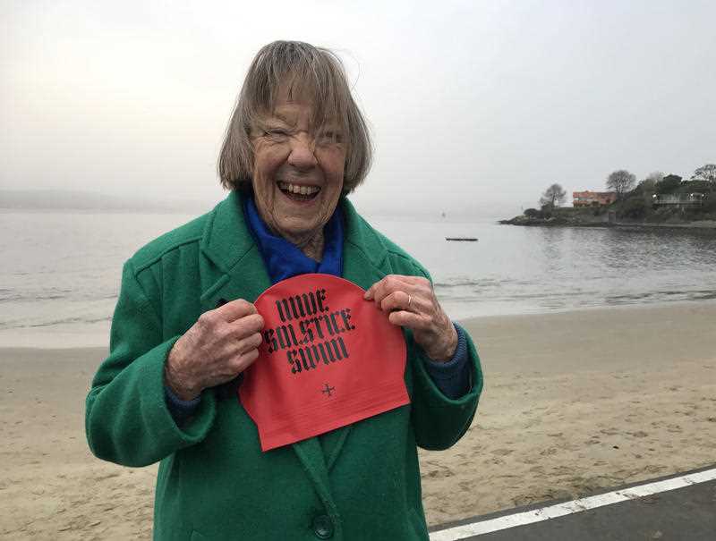 Joy Walter, 91, before participating in the Dark Mofo Nude Solstice Swim at Sandy Bay beach, Hobart.