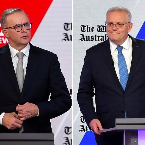 Opposition Leader Anthony Albanese and PM Scott Morrison during the third leaders' debate at Seven Network Studios in Sydney, May 11.
