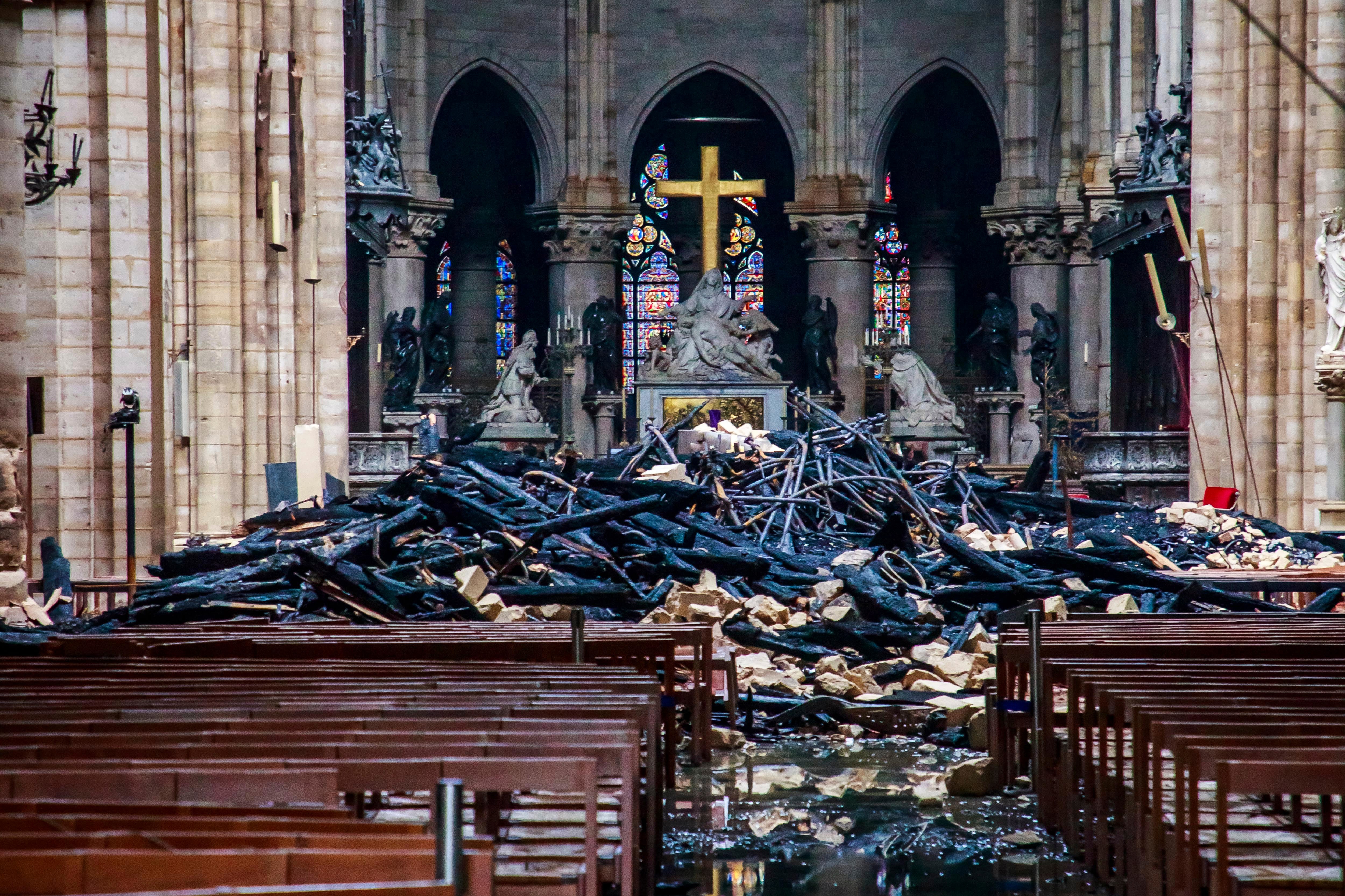 The damaged interior of Notre Dame Cathedral in Paris. The damaged interior of Notre Dame Cathedral in Paris on Tuesday, April 16, 2019.