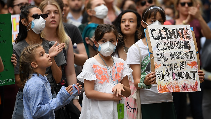 Protesters rally calling for action on the climate emergency in Sydney.