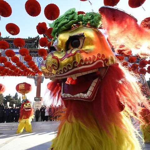 A lion dance is performed during a traditional Chinese festival in a Beijing park on Feb. 16, 2018