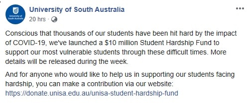 University of South Australia Facebook post on COVID-19 Hardship Fund.