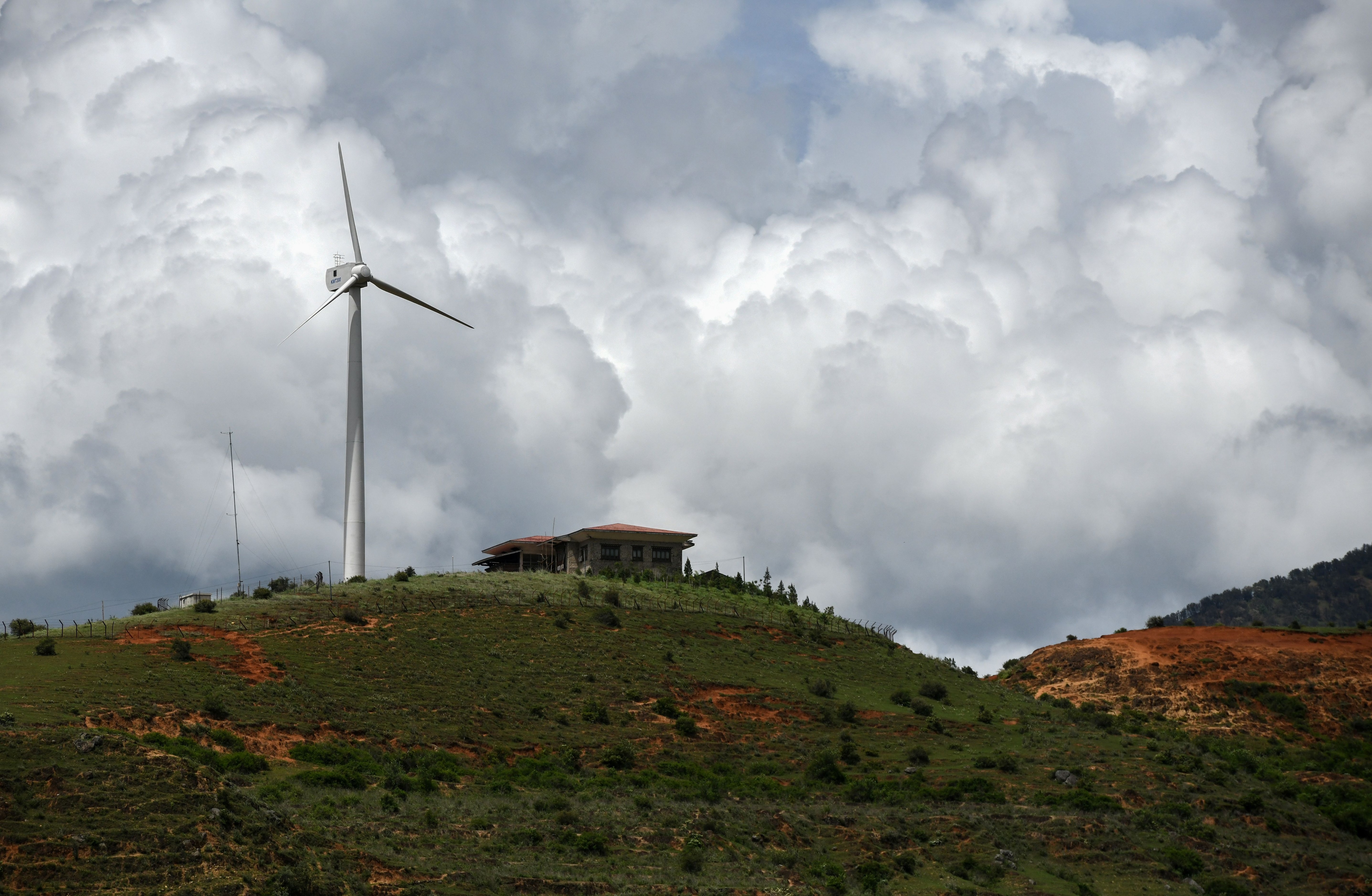 One of Bhutan's first wind turbines is seen in the Rubesa village in Wangdue Phodrang.