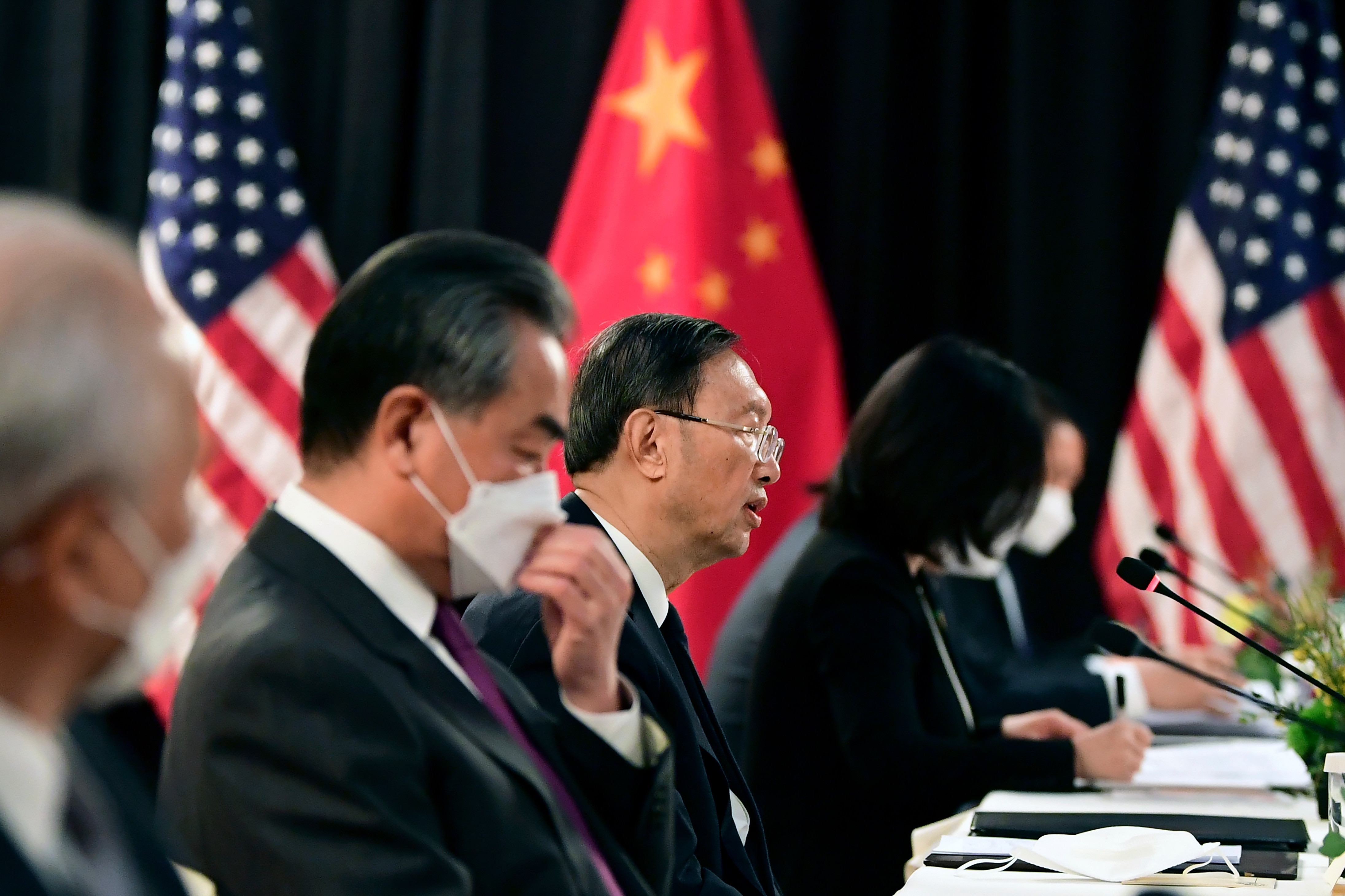 Chinese Communist Party foreign affairs chief Yang Jiechi and State Councilor Wang Yi at the opening session of US-China talks in Alaska, 18 March, 2021.