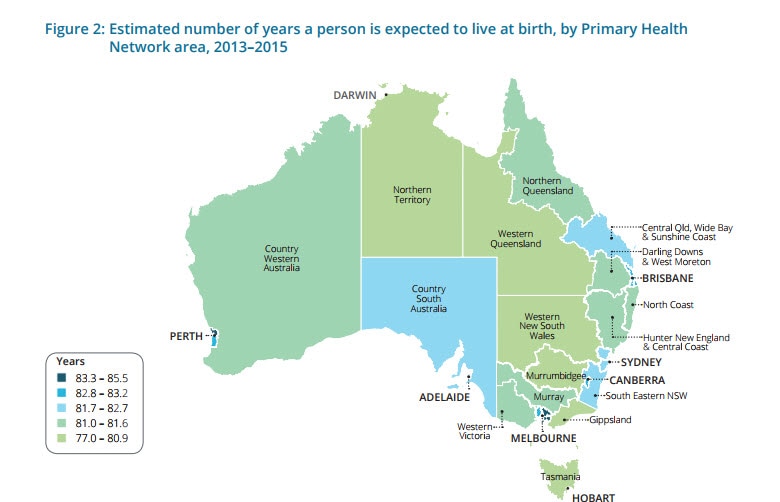 Estimated number of years a person is expected to live at birth, by Primary Health Network area, 2013 - 2015