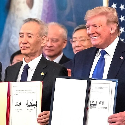 US President Donald J. Trump participates in a signing ceremony of a China trade agreement with Chinese Vice Premier Liu He in the White House. 