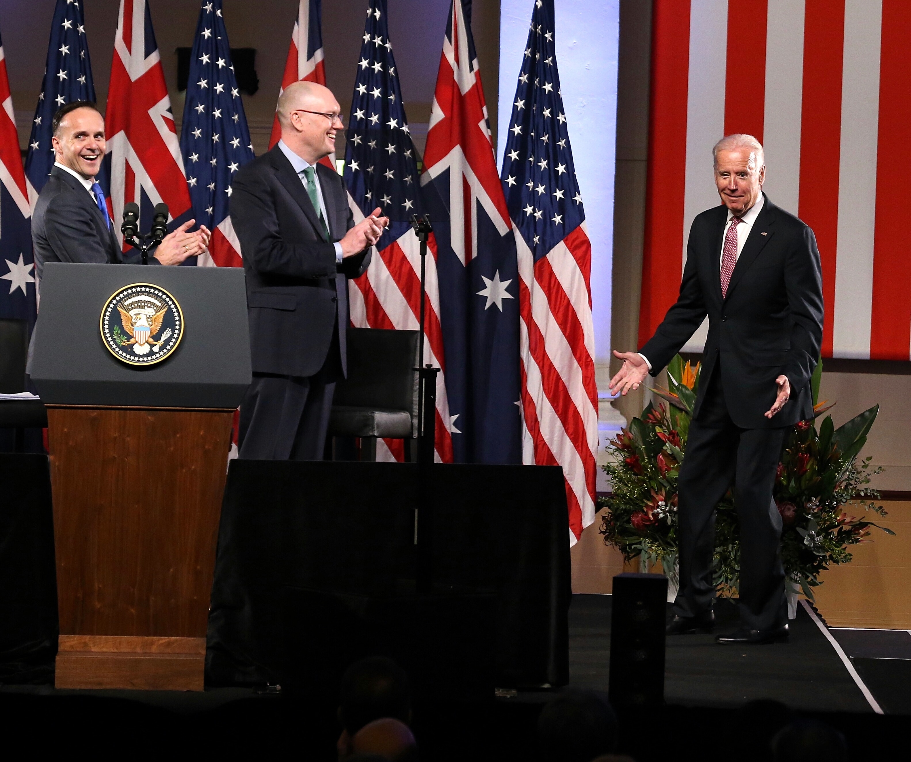 Lowy Institute's Michael Fullilove (left) introduces then-VP Joe Biden at an event in Sydney on July 20, 2016. 