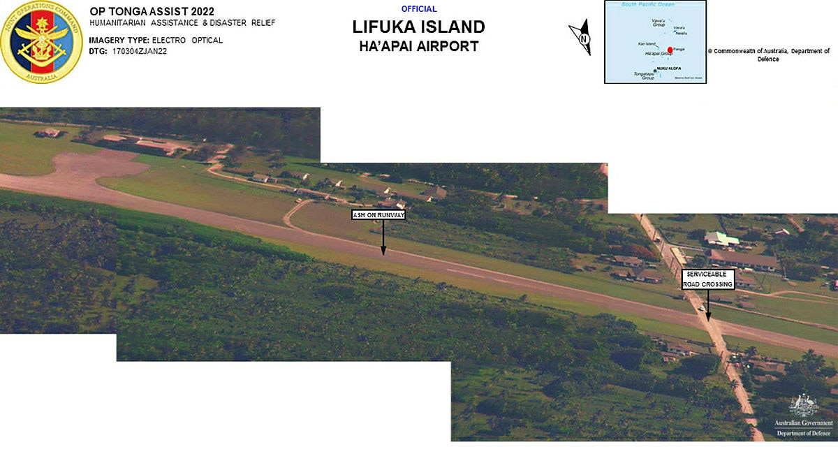 Photo shows volcanic ash covering Ha'apai Aiport on Lifuka Island, Tonga.