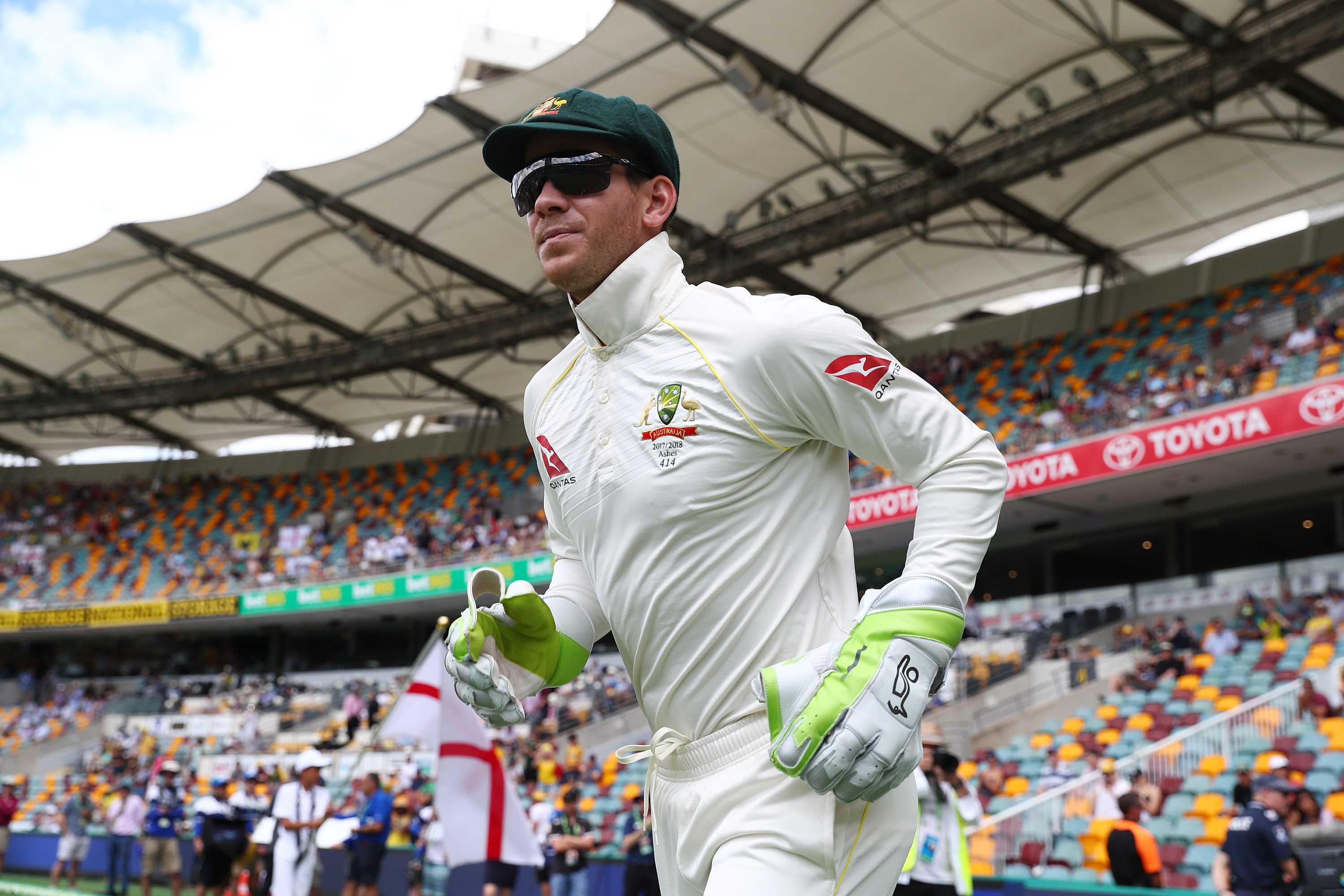 Tim Paine runs out to Australia during the first Ashes Test at the Gabba in Brisbane in 2017.
