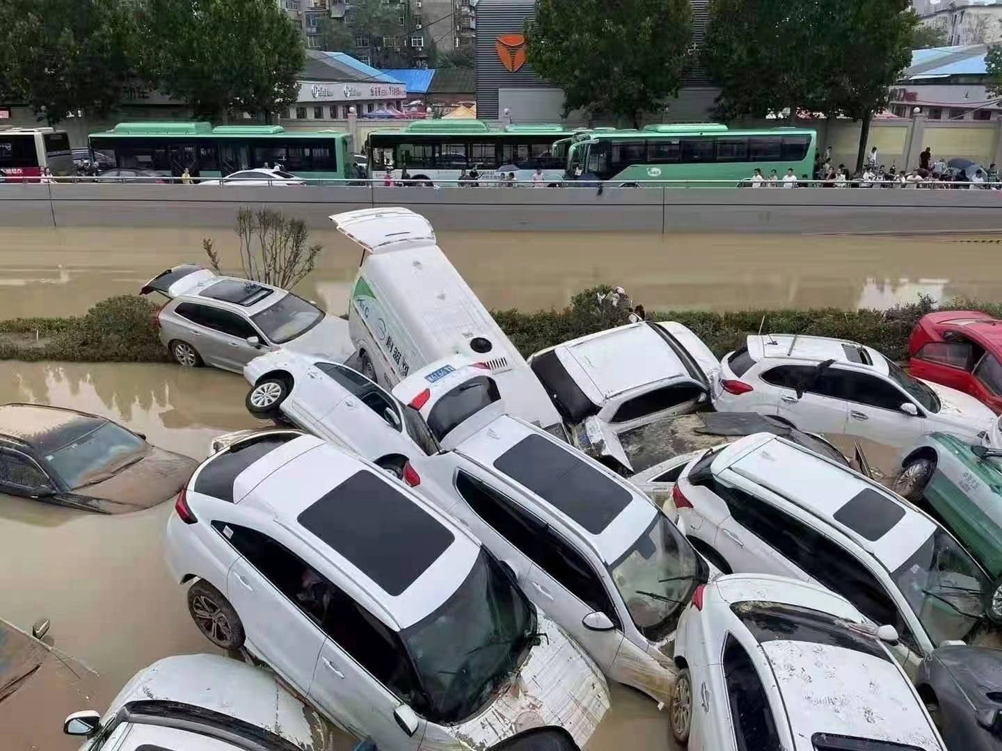 Piled-up cars in Zhengzhou City in central China's Henan province, 21 July 2021. 