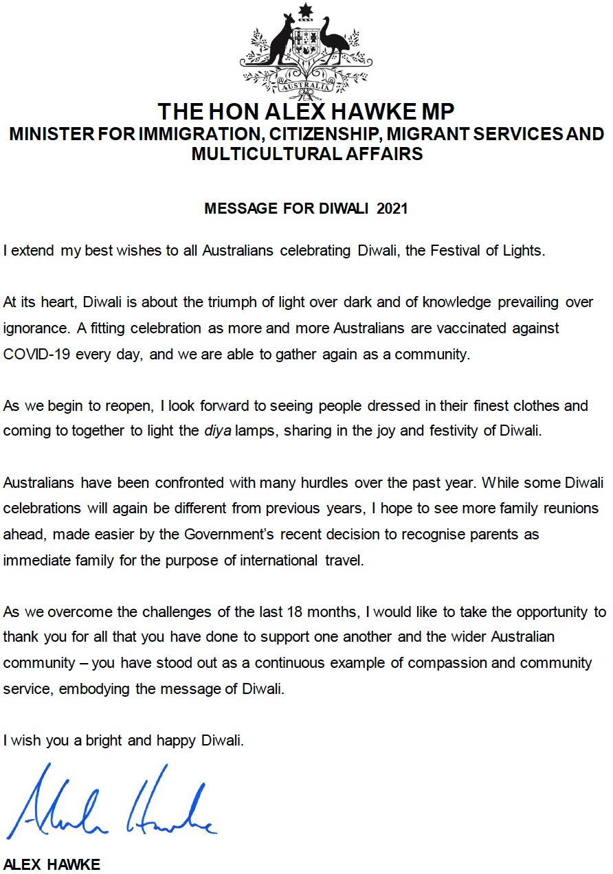 MINISTER FOR IMMIGRATION ALEX HAWKE MESSAGE FOR DIWALI 2021