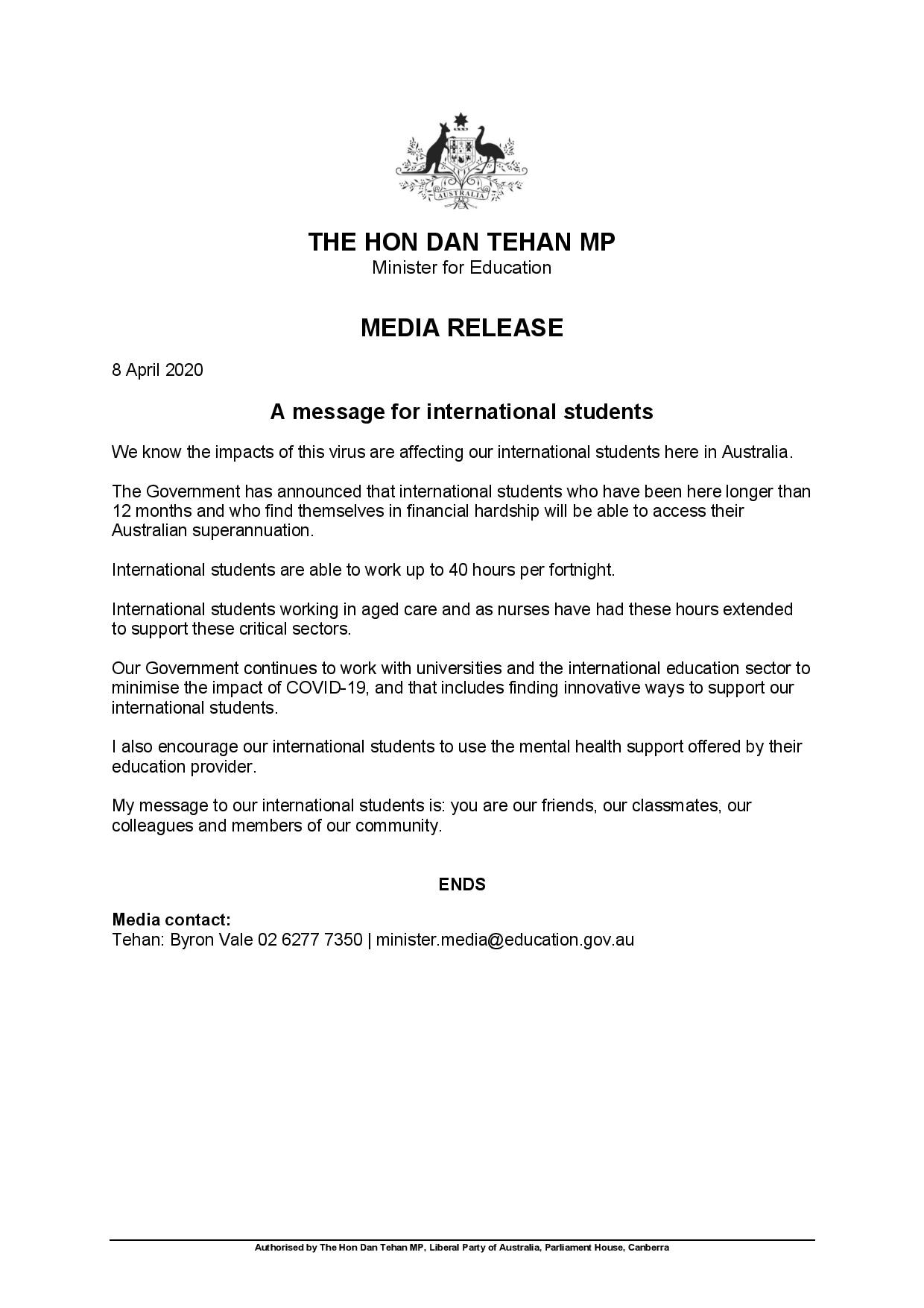 پیام دن تهان وزیر آموزش و پرورش استرالیا به دانشجویان بین المللی