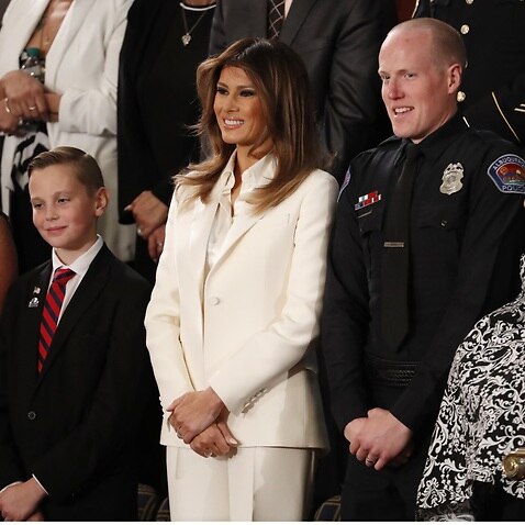US First Lady Melania Trump arrives before US President Donald J. Trump arrives to deliver his first State of the Union