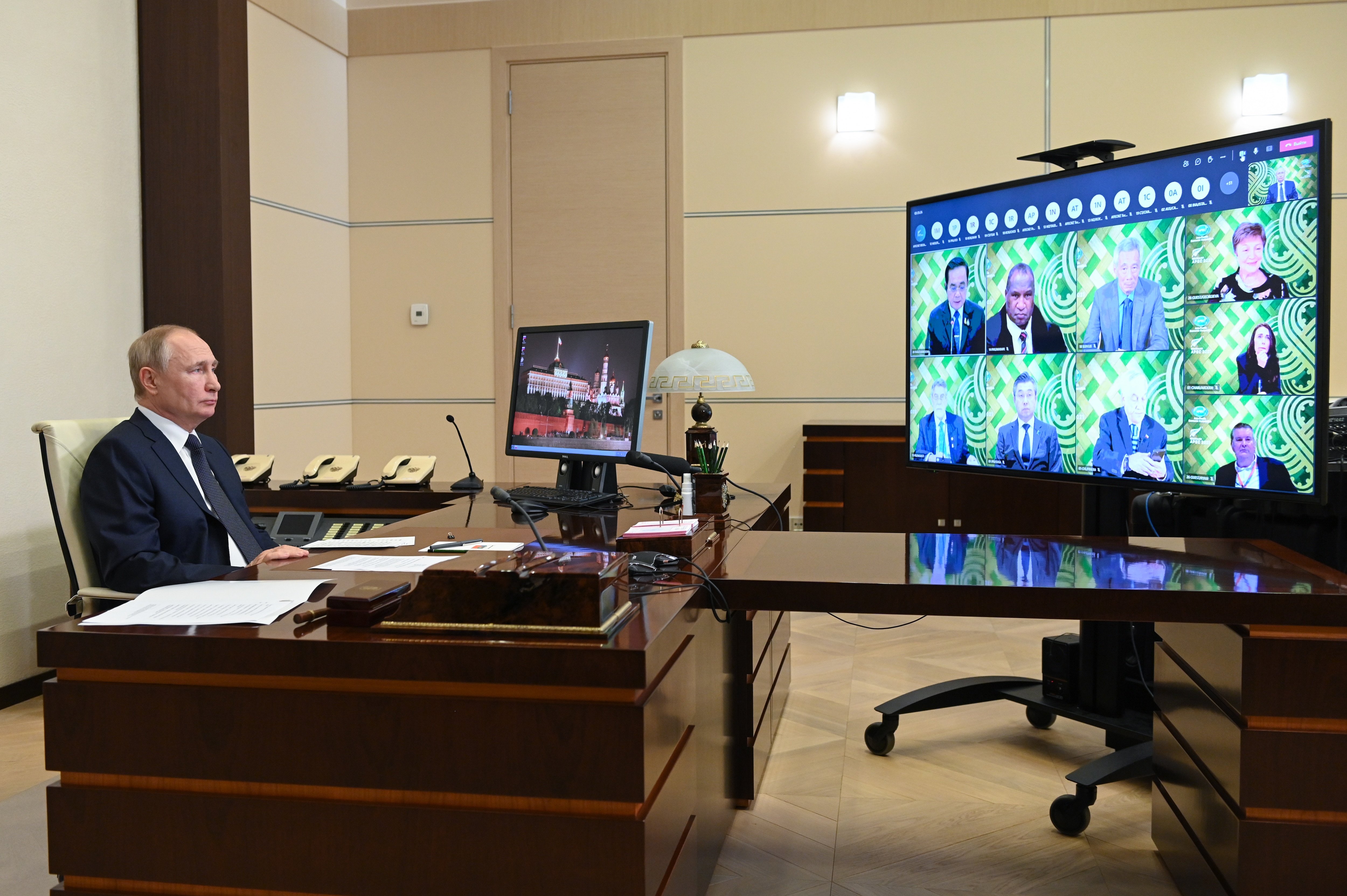 Russian President Vladimir Putin takes part in the informal APEC meeting via videoconference from the Novo-Ogaryovo residence. 