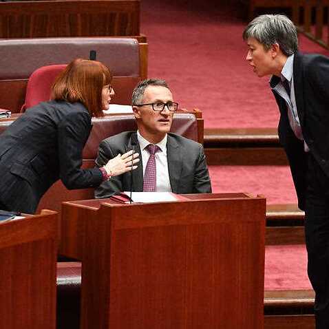 Greens Senator Rachel Siewert, Greens leader Senator Richard Di Natale and Shadow Minister for Foreign Affairs Penny Wong during the debate on the Espionage and Foreign Interference Bill