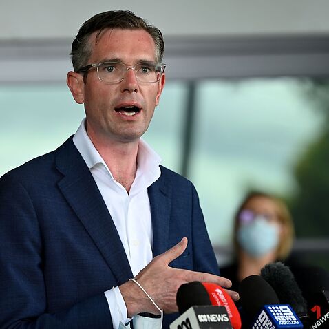 NSW Premier Dominic Perrottet speaks to the media during a press conference at Lidcombe Public School in Sydney