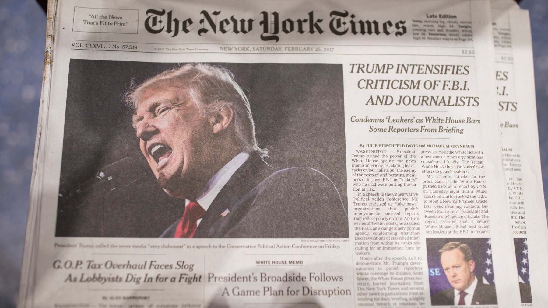 NEW YORK, NY - FEBRUARY 25: The front page of the New York Times carries a picture of President Donald Trump February 25, 2017 a day after he criticized in a speech the FBI and journalists in New York City. Certain media outlets were barred from attending
