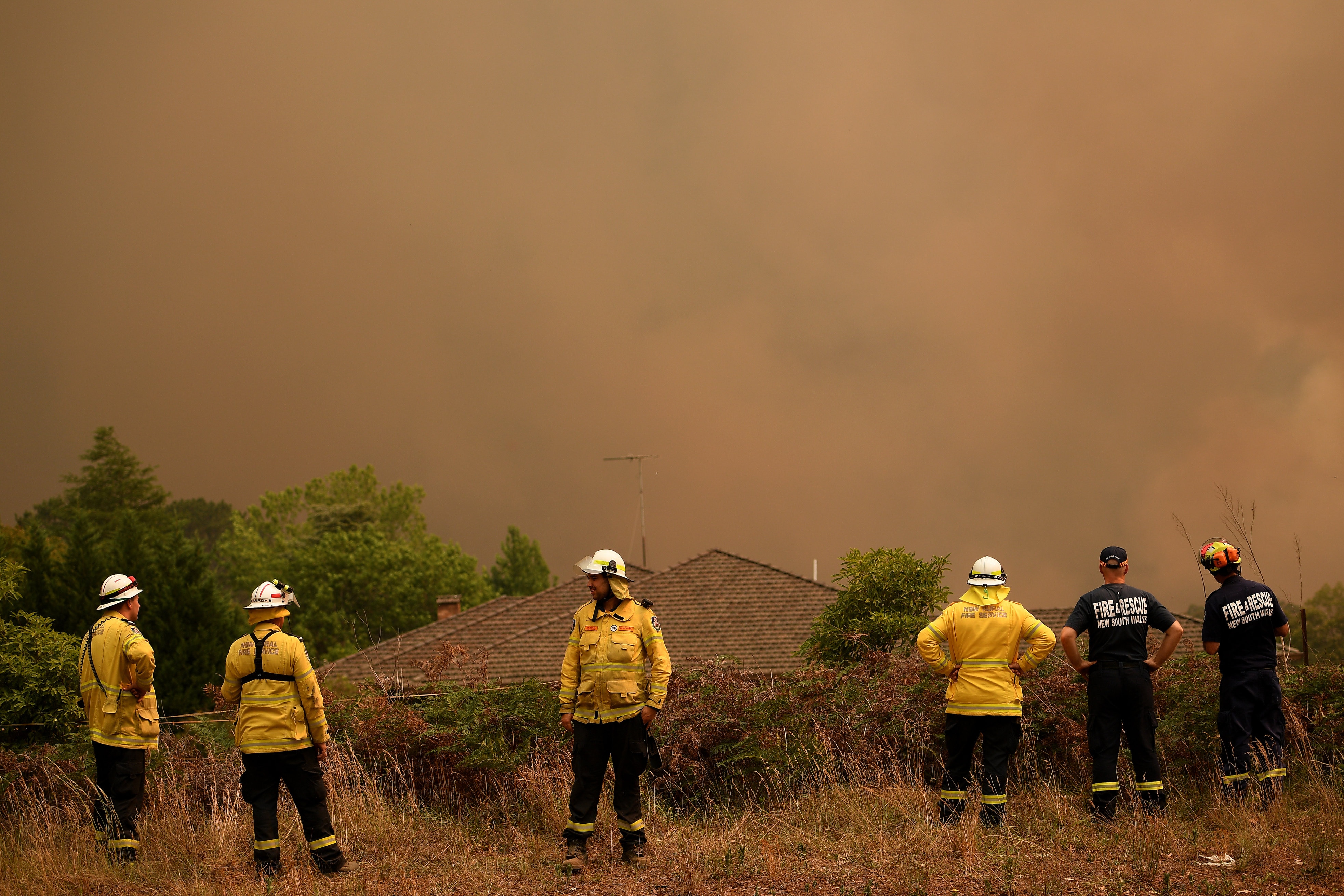 NSW Rural Fire Service and Fire and Rescue NSW firefighters observe as the Grose Valley Fire approaches Kurrajong Heights.