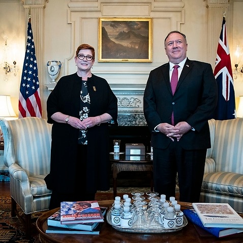 Secretary of State Mike Pompeo meets with Australia's Foreign Minister Marise Payne at the State Department in Washington, Monday, July 27, 2020. (Alexander Drago/Pool via AP)