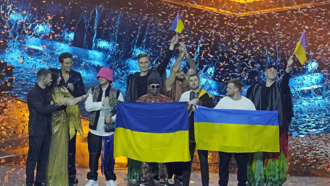 Kalush Orchestra from Ukraine stand on the stage after winning the Grand Final of the Eurovision Song Contest at Palaolimpico arena, in Turin, Italy on 15 May 2022