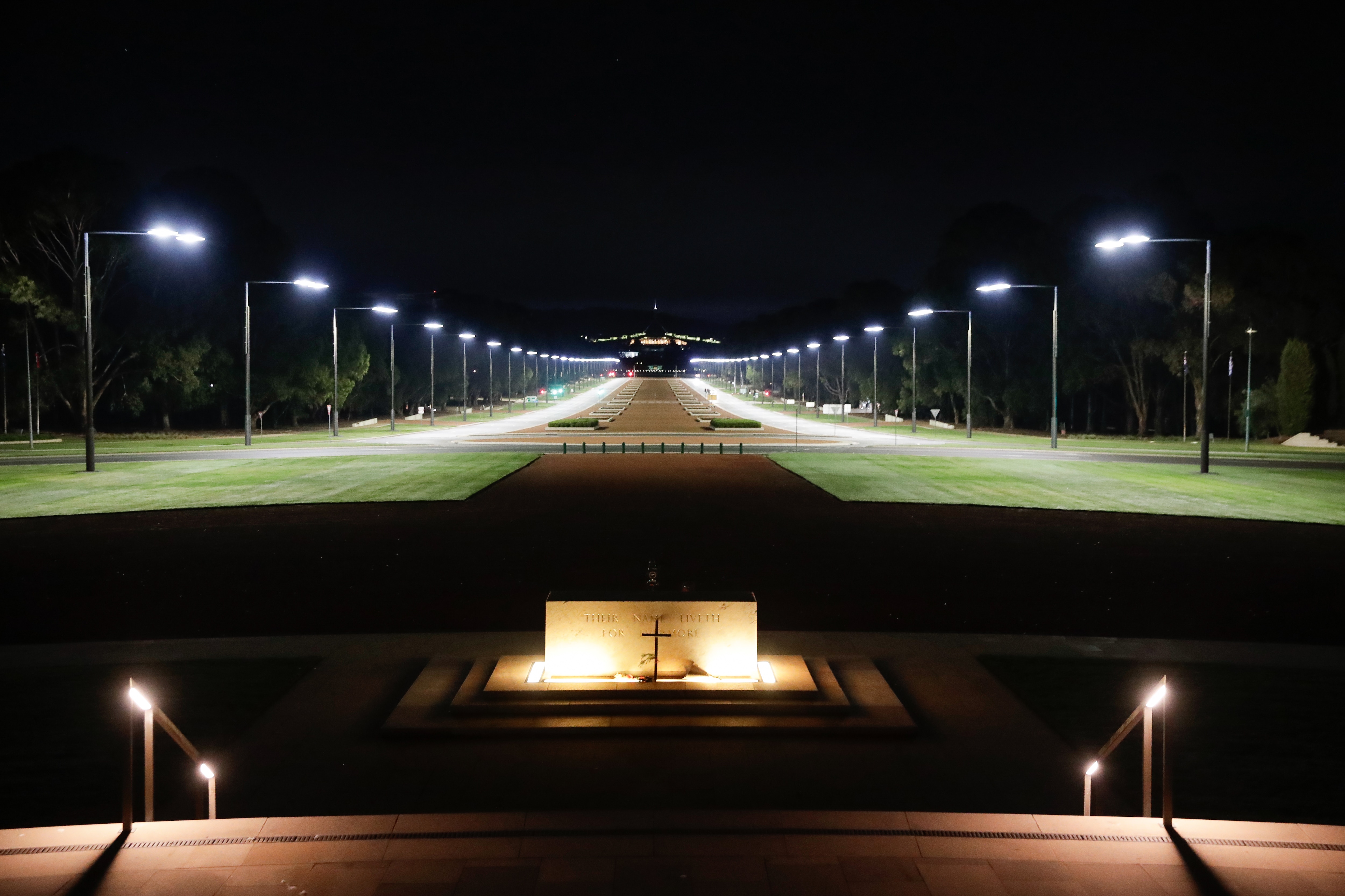 The Stone of Remembrance and the empty forecourt ahead of the Anzac Day commemorative service at the Australian War Memorial in Canberra.