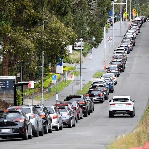 Long queues as people wait for a Covid test at Macquarie Park, Sydney.