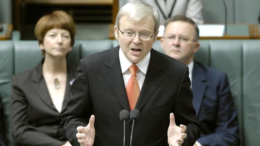 Kevin Rudd Sorry Speech Prime Minister Kevin Rudd On The Screen In A Live Kevin Rudd