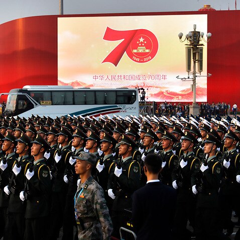 Chinese soldiers rehearse the parade to commemorate the 70th anniversary of the founding of Communist China