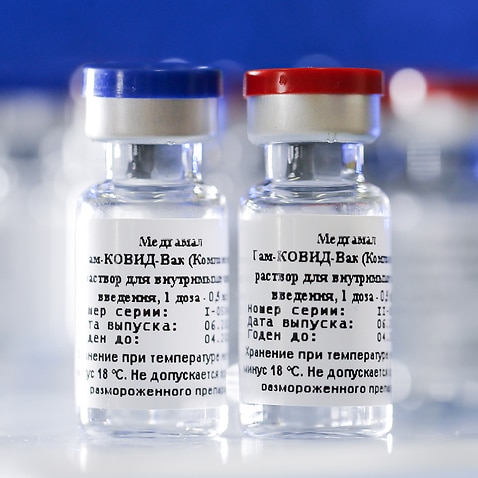 Ampoules contain a vaccine for COVID-19 developed by Gamaleya Research Institute of Epidemiology and Microbiology under the Russian Healthcare Ministry.