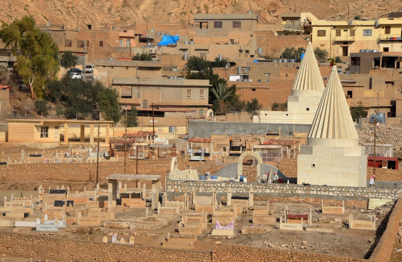 A general view shows rebuilt Yazidi temples on January 12, 2018, in the town of Bashiqa, some 20 kilometres north east of Mosul (Getty) A general view shows rebuilt Yazidi temples on January 12, 2018, in the town of Bashiqa, some 20 kilometres north east of Mosul.