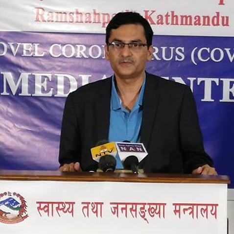 Dr Bikas Devkota from Nepal's Ministry of Health and Population providing coronavirus update to the media in Kathmandu, Nepal