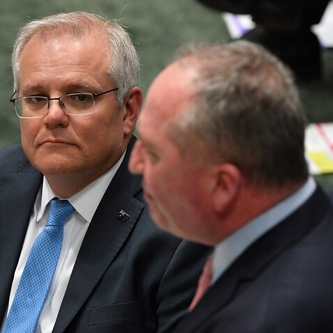 Prime Minister Scott Morrison and Deputy Prime Minister Barnaby Joyce during Question Time in the House of Representatives at Parliament House in Canberra, Tuesday, October 19, 2021. (AAP Image/Mick Tsikas) NO ARCHIVING