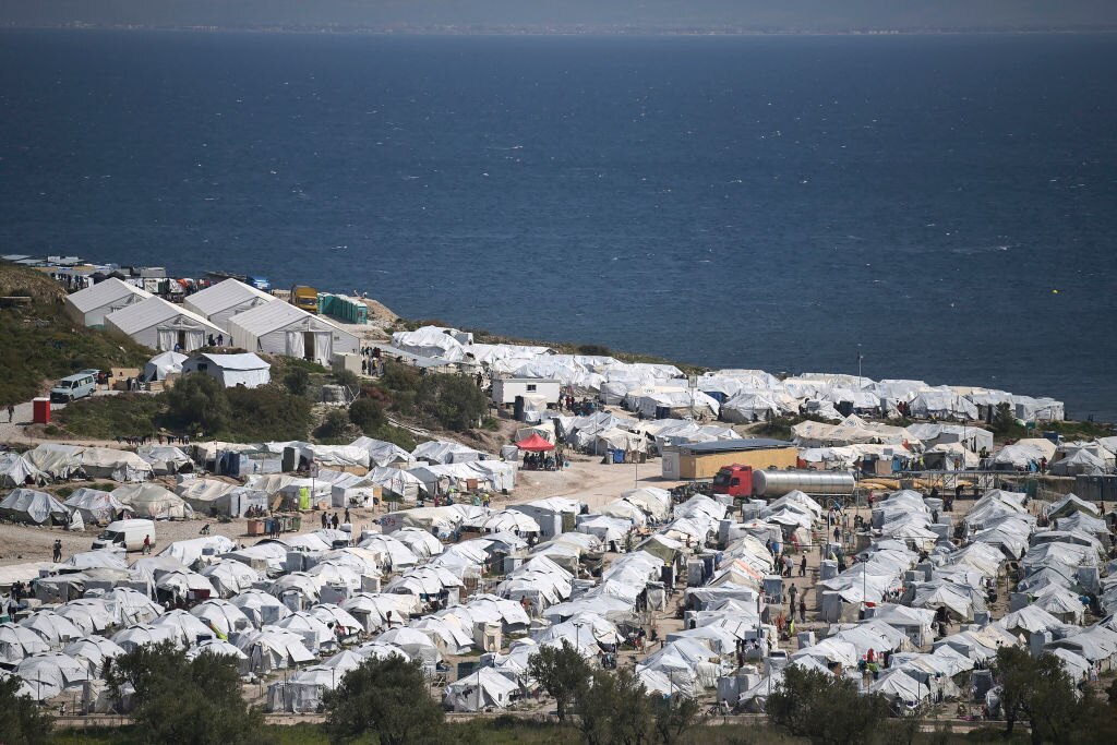 The photo taken on March 30, 2021 gives an overview of the new refugee and migrant camps in Karatepe or Mabrovoni in Mitilini, Lesbos.