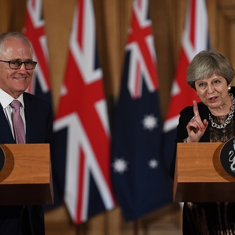 Australian Prime Minister Malcolm Turnbull (left) and British Prime Minister Theresa May speak during a press conference at 10 Downing Street