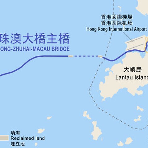 Map of the bridge highway and the undersea tunnel (dotted) route of the Hong Kong–Zhuhai–Macau Bridge, between Hong Kong and Macau
