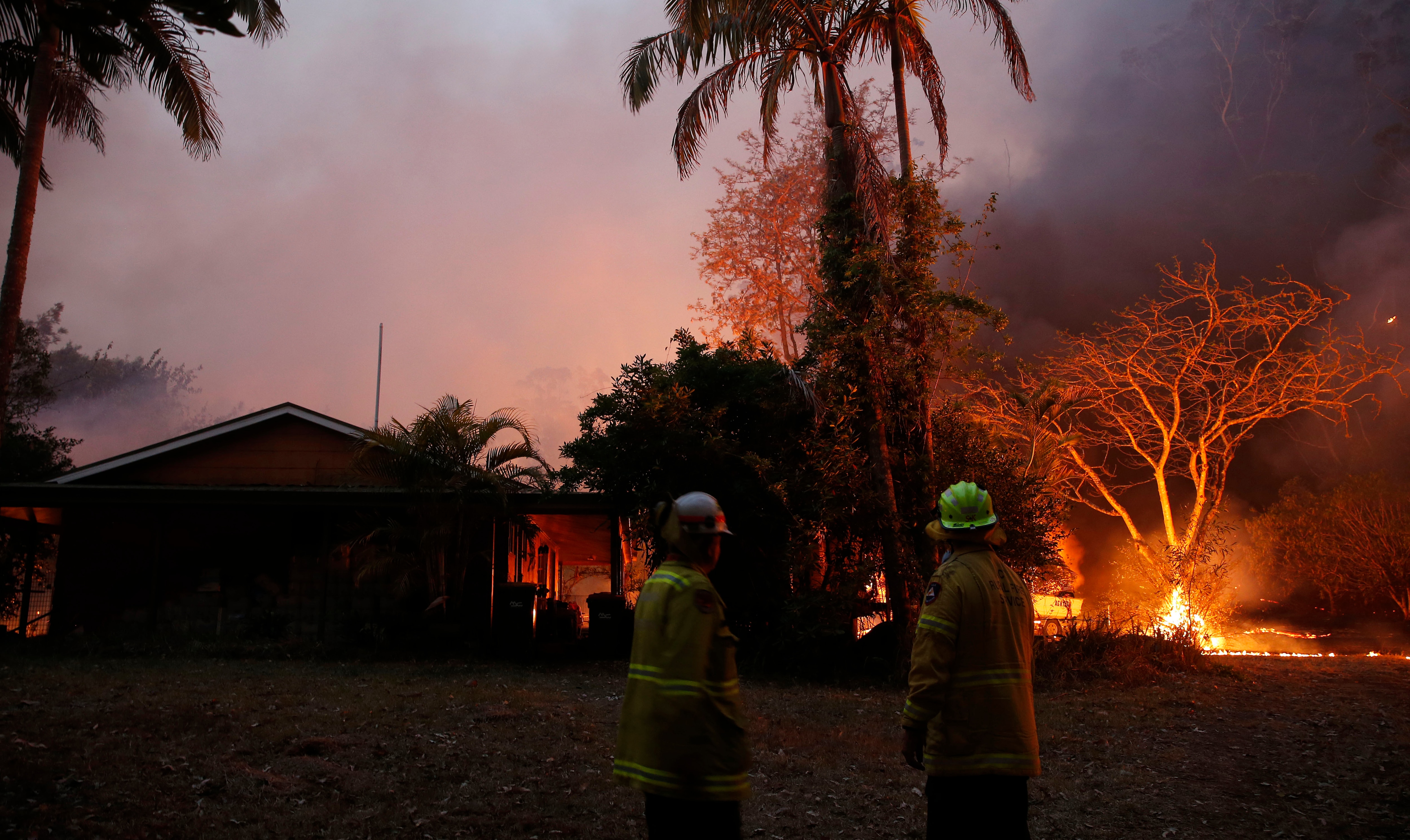 A bushfire in Hillville moves in on a house near the Pacific Highway.
