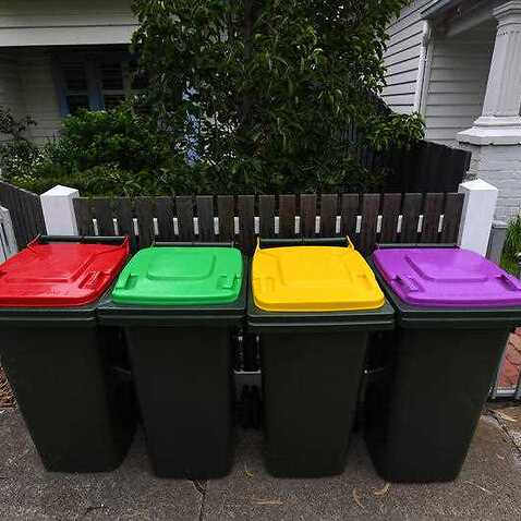 General view of the current and planned waste bins outside a property in Spotswood, Melbourne, Monday, February 24, 2020.